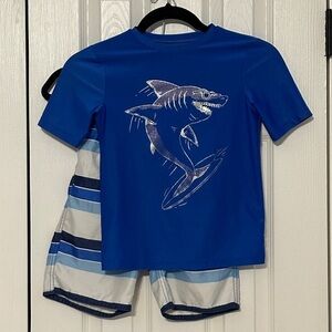 Old Navy Boys Shark Rash Guard & Striped Swim Trunks Set | Blue | Sizes 6/7 & 8